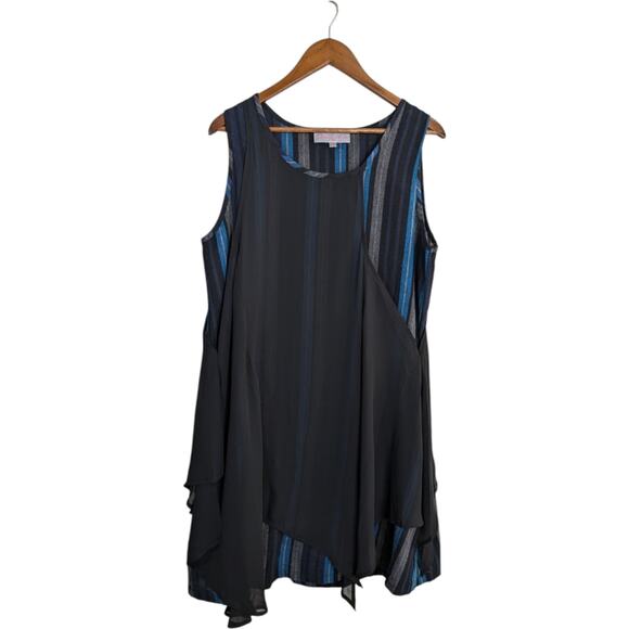 Pretty Angel Tunic Top Large Blue Black Striped Overlay Lagenlook Whimsygoth - Picture 1 of 7